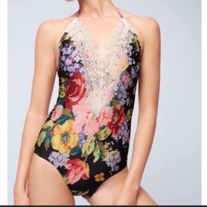 Anthropologie Allihop Lace Front floral one-piece maillot swimsuit Size Small/S